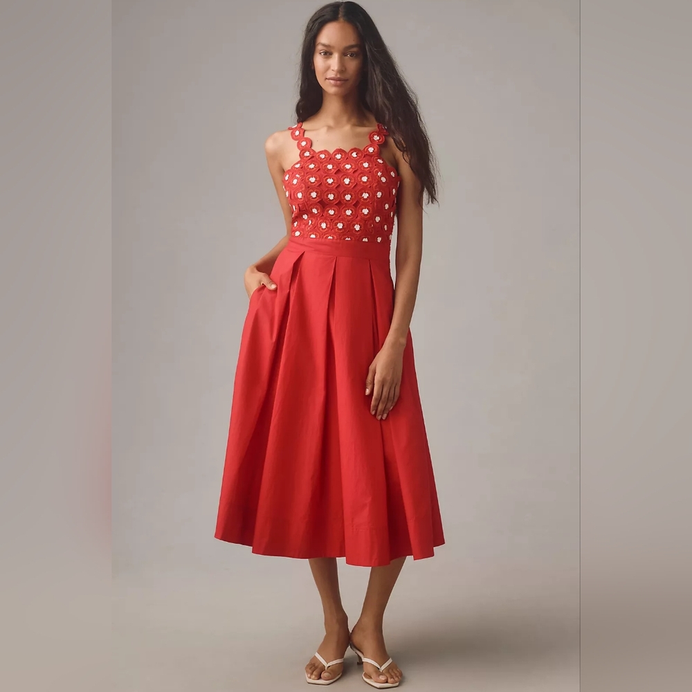 NWT Anthropologie Maeve Crochet Flowers Tomato Red Poplin Halter Dress Sz 12